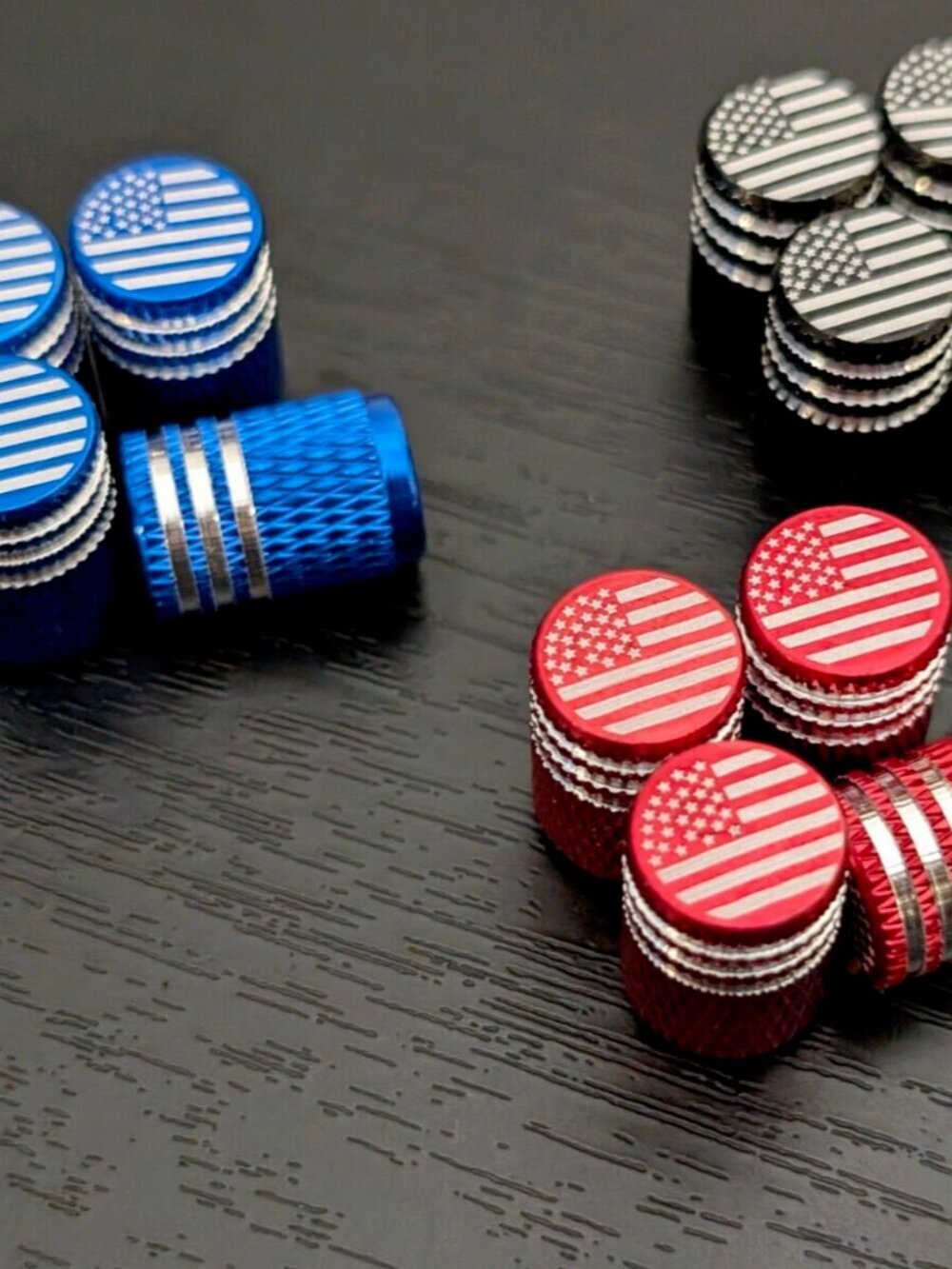 BLUE ALUMINIUM Patriotic USA Flag Tire Valve Caps Universal Car Truck Bike x4 - Picture 2 of 2